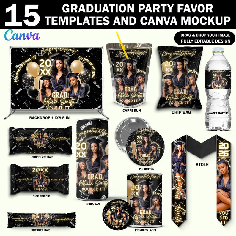 15x Black & Gold Graduation Party Favor Bundle | Luxury Class of 2026 ...