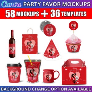 May include: A collection of red party favor mockups with a Valentine's Day theme. Includes a wine bottle, gift bag, button, cone hat, cupcake, coffee cup, juice pouch, mug, and gift box. The image features the text "Canva PARTY FAVOR MOCKUPS" and "58 MOCKUPS + 36 TEMPLATES".