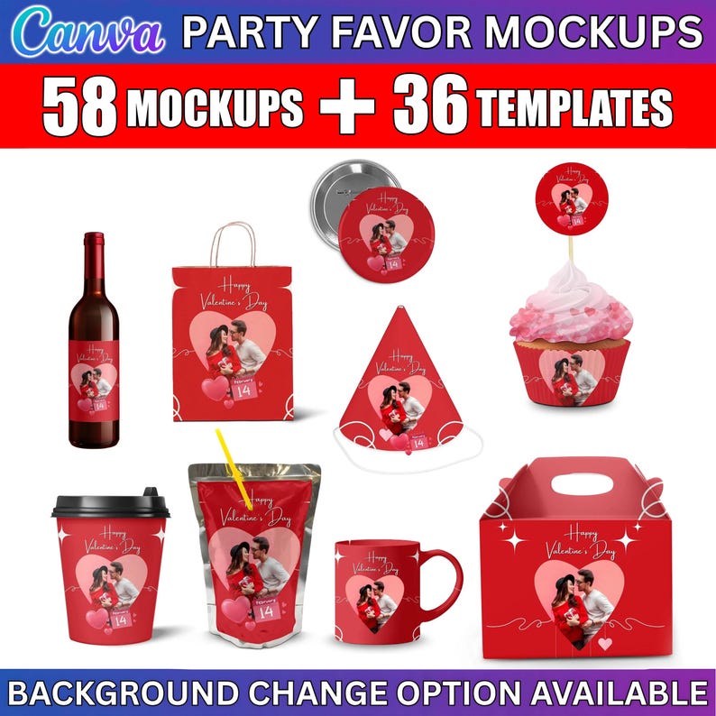 May include: A collection of red party favor mockups with a Valentine's Day theme. Includes a wine bottle, gift bag, button, cone hat, cupcake, coffee cup, juice pouch, mug, and gift box. The image features the text "Canva PARTY FAVOR MOCKUPS" and "58 MOCKUPS + 36 TEMPLATES".