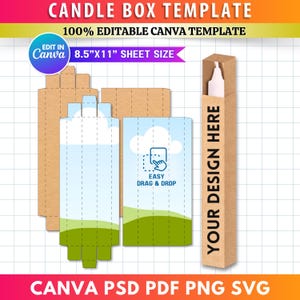 Könnte beinhalten: Eine Kerzenbox-Vorlage aus braunem Kraftpapier. Die Vorlage enthält eine Box mit einer Kerze und ein flaches, ungefaltetes Box-Design. Der Text lautet "CANDLE BOX TEMPLATE" und "100% EDITABLE CANVA TEMPLATE". Die Blattgröße beträgt 21,6 cm x 27,9 cm.