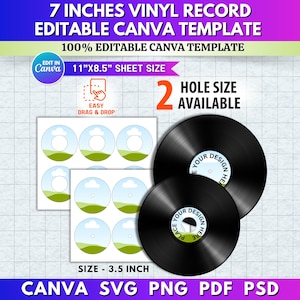 May include: A graphic for a 7-inch vinyl record template. The design includes two black vinyl records, a sheet of labels with a sky and landscape design, and text indicating the template is editable in Canva. The sheet size is 27.94cm x 21.59cm, and the label size is 8.89cm.