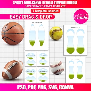Peut inclure: Un ensemble de modèles modifiables Canva pour panneaux sportifs avec un ballon de basket, un ballon de football américain, un ballon de baseball et une balle de softball. L'image comprend des modèles de différentes tailles et le texte "Easy Drag & Drop".