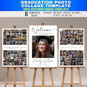 Op de afbeelding: Drie afstudeerfotocollage-sjablonen op houten ezels. De sjablonen bevatten de tekst "Welkom", "Zo trots op je" en "Je hebt het gedaan!" Elke sjabloon bevat een collage van foto's en tekst. De bovenste banner luidt "Afstudeerfotocollage-sjabloon".