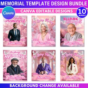 May include: A bundle of memorial template designs with the text "Loving Memory Of" and "In Loving Memory". Each design features a portrait, the text "Name Here", and a sunrise/sunset time. The designs are set against a pink sky background.