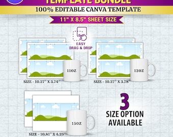 11 12 15 Unzen Full Wrap Mug Vorlage mit Anleitungen | Cricut Becher-Presse-Vorlage SVG | Sublimationsbecher wickeln | Bearbeitbare Canva Mug Vorlage