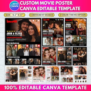 May include: A customizable movie poster template with a Canva editable design. The template includes 6 different designs and 2 color theme options. The poster size is 8.5" x 11". The template features the movie "Jhon & Olivia".