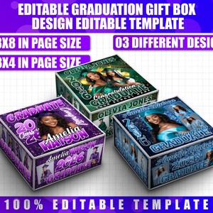May include: Three graduation gift boxes with different designs. Each box features a graduate's photo, name, and the year 2026. The boxes are in various colors, including purple, green, and blue, with the text "GRADUATE" prominently displayed.