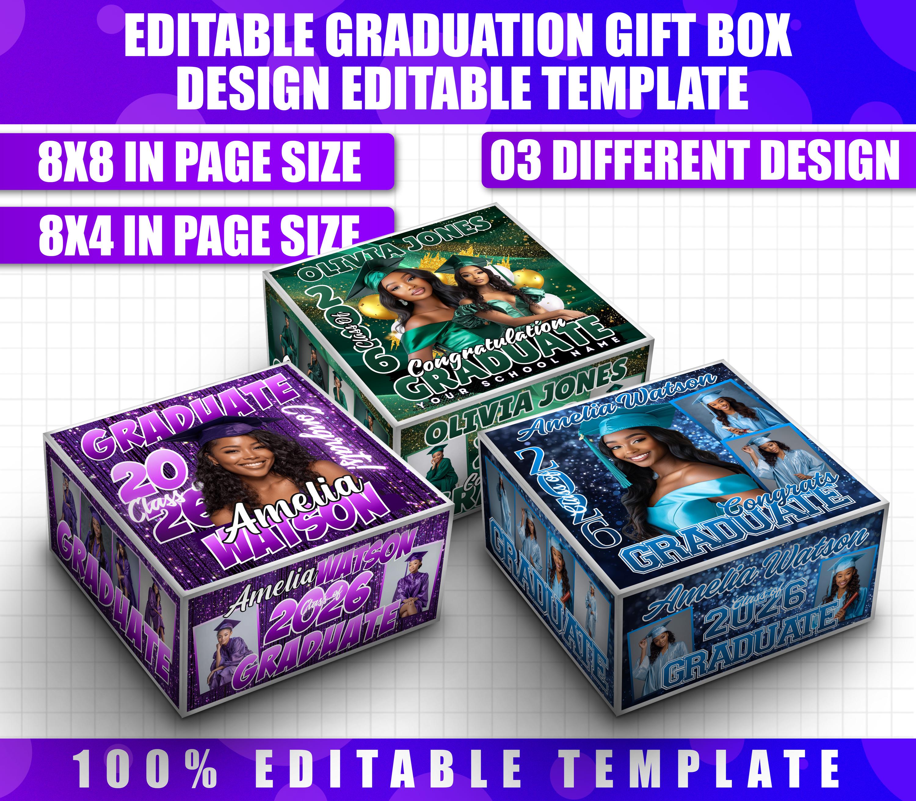 3x Graduation Gift Box Template | Editable 2026 Grad Favor Box ...