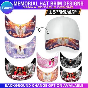 May include: A white baseball cap with a brim featuring a memorial design. The brim designs include names, dates, and the phrase "In Loving Memory," with angel wing graphics. The text "15 Templates Bundle" is also visible.