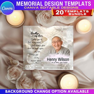 May include: Memorial design templates with Canva editable designs. The image features a memorial design with a photo of Henry Wilson, dates, and a poem. The design is surrounded by candles and flowers. Text includes "20 Templates Bundle" and "Background Change Option Available."