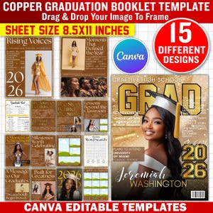 May include: Copper graduation booklet template with multiple designs. The template is designed for photos and text, with a sheet size of 21.6 x 27.9 cm. Features include Canva editable templates, and a design with the text "2026".