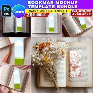K&ouml;nnte beinhalten: Ein Mockup-Vorlagenpaket mit Lesezeichen in verschiedenen Designs, die in offenen B&uuml;chern angezeigt werden. Die Lesezeichen haben Landschaftsillustrationen mit blauem Himmel, gr&uuml;nen Feldern und floralen Mustern. Der Text im Bild lautet: "BOOKMARK MOCKUP TEMPLATE BUNDLE" und "CANVA EDITABLE TEMPLATE".