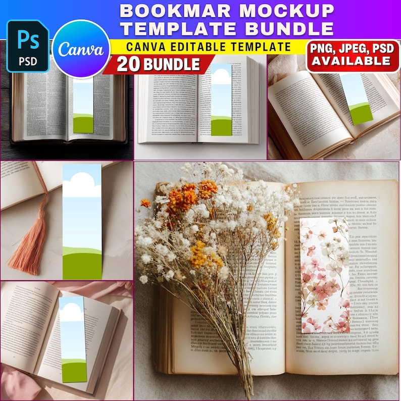 K&ouml;nnte beinhalten: Ein Mockup-Vorlagenpaket mit Lesezeichen in verschiedenen Designs, die in offenen B&uuml;chern angezeigt werden. Die Lesezeichen haben Landschaftsillustrationen mit blauem Himmel, gr&uuml;nen Feldern und floralen Mustern. Der Text im Bild lautet: "BOOKMARK MOCKUP TEMPLATE BUNDLE" und "CANVA EDITABLE TEMPLATE".