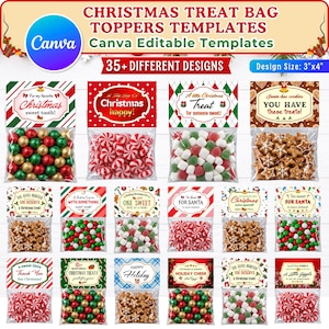 Pode incluir: Uma coleção de mais de 35 modelos de topos para sacos de guloseimas de Natal em tamanho de design de 3x4 polegadas, apresentando vários gráficos festivos e textos como 'For my favorite Christmas sweet tooth' e 'For Santa', com sacos cheios.