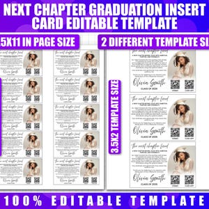 May include: A graduation insert card template with the text "Next Chapter Graduation Insert Card Editable Template." The design includes two different template sizes: 5x3.5 inches and 3.5x2 inches. The card features a photo and text.