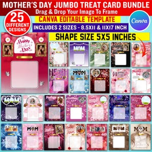 Puede incluir: Un paquete de tarjetas Jumbo Treat para el Día de la Madre con 25 diseños diferentes. La plantilla editable de Canva incluye dos tamaños: 21,59 x 27,94 cm y 27,94 x 43,18 cm. El tamaño de la forma es de 12,7 x 12,7 cm. Cada tarjeta tiene un espacio para fotos y "Feliz Día de la Madre".