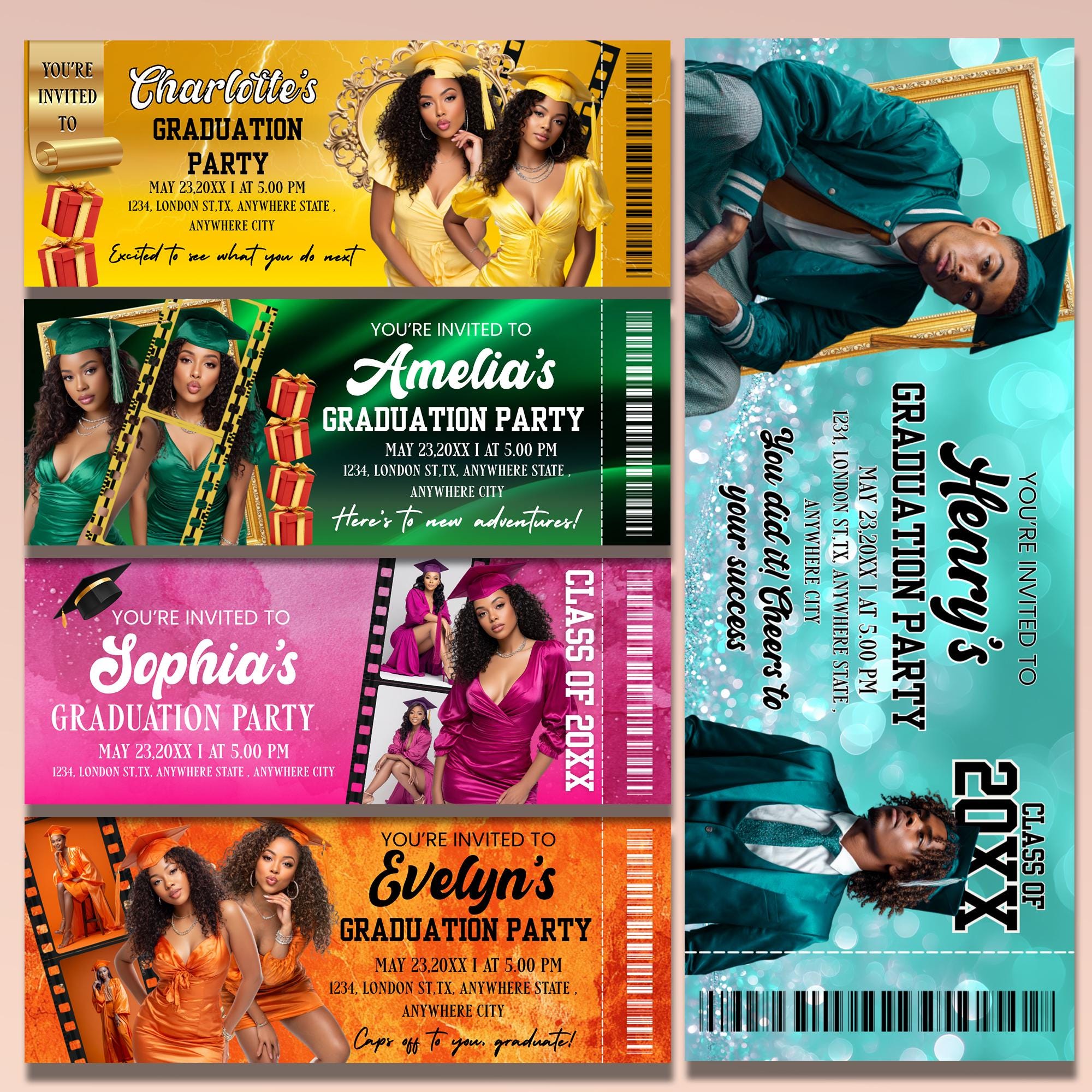 Professional Grad Tickets 10x Graduation Party Ticket Template Bundle, Editable Canva Graduation ...