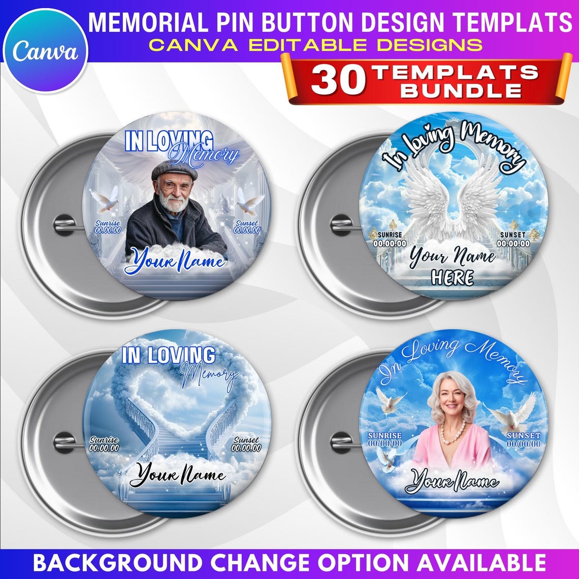 30x Memorial Blue Pin Button Templates Bundle | Editable Canva Funeral ...