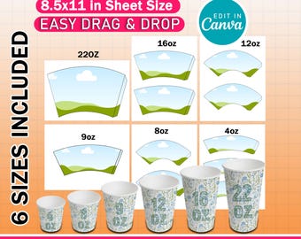 6x Paper Cup Wrapper Template Bundle | Paper Coffee Cup Template | Blank Styrofoam Cup Wrap SVG | Editable Canva Design | Digital Download