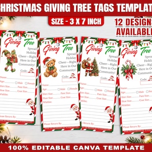 May include: Four rectangular Christmas giving tree tags measuring 3 by 7 inches each. The white tags feature red and green candy cane borders, festive text, and illustrations of an elf, a teddy bear, Santa Claus, and a candy cane.