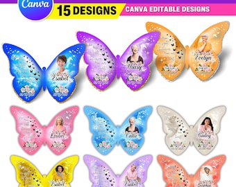 15 plantillas de pins de mariposa conmemorativos / Diseños editables de pins funerarios en Canva / Recuerdos funerarios digitales