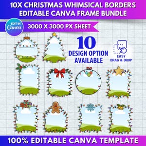 Puede incluir: Un paquete de diseño digital con diez bordes navideños caprichosos en varias formas, incluyendo un árbol y una bola. Cada borde está delineado con luces de cadena e incluye el texto "10X CHRISTMAS WHIMSICAL BORDERS EDITABLE CANVA FRAME BUNDLE".