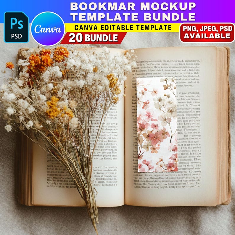 K&ouml;nnte beinhalten: Ein offenes Buch mit einem floralen Lesezeichen und Trockenblumen. Das Lesezeichen hat ein Aquarelldesign aus rosa und wei&szlig;en Blumen. Die Seiten des Buches sind alt, und der Text "BOOKMAR MOCKUP TEMPLATE BUNDLE" ist oben sichtbar.