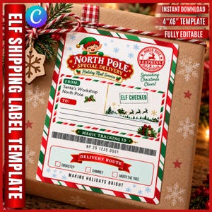 Op de afbeelding: Een 10x15 cm North Pole Special Delivery verzendlabel-sjabloon met een cartoon-elf, een rode North Pole Express-stempel en velden voor afzender en ontvanger. Het ontwerp bevat een streepjescode, bezorgroute-checkboxen en sneeuwvlokken.