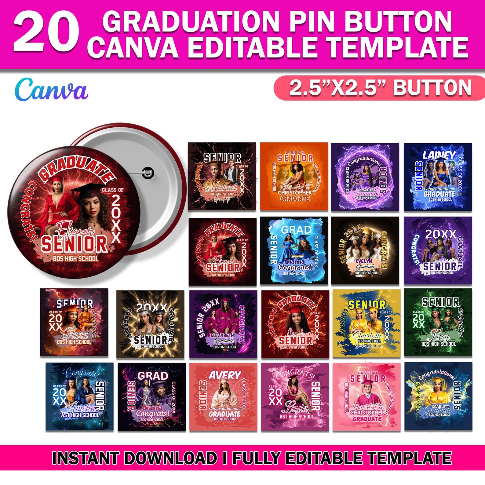 20x Graduation Pin Button Template Bundle, Congrats Class of 2026 ...