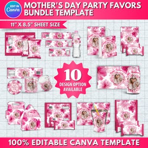 Op de afbeelding: Een sjabloon voor een Moederdag-feestpakket met een roze bloemenontwerp. De sjabloon bevat verschillende items zoals snoepwikkels, waterflesetiketten, cadeauzakjes en meer. De tekst luidt "Mother's Day Party Favors Bundle Template" en "10 Design Option Available."