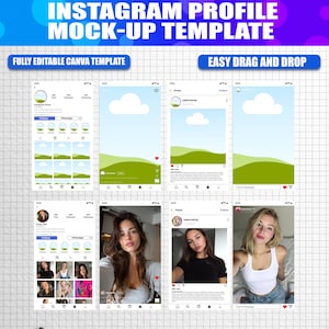 Op de afbeelding: Een Instagram profiel mock-up template met meerdere telefoon schermweergaven. De schermen tonen profielpagina's en post layouts. Tekst omvat "INSTAGRAM PROFILE MOCK-UP TEMPLATE", "FULLY EDITABLE CANVA TEMPLATE", en "EASY DRAG AND DROP".