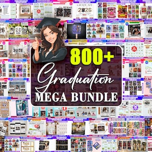May include: A collage of graduation-themed templates and designs. The image features a woman in a graduation cap giving a thumbs-up, with the text "800+ Graduation MEGA BUNDLE". Various templates for graduation announcements and party supplies are displayed.