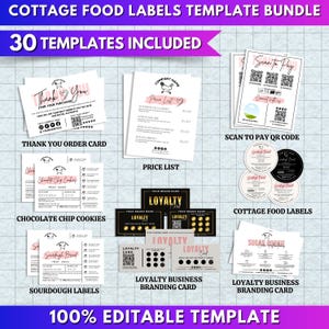 Pacchetto di 30 etichette modificabili per alimenti in stile cottage / Modelli Canva per adesivi con codice QR, listini prezzi, biglietti fedeltà e di ringraziamento