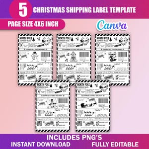 May include: A Christmas shipping label template with the text "Christmas Shipping Label Template" and "Page Size 4x6 inch". The labels feature "North Pole Express Mail" and festive graphics. The template includes PNGs and is fully editable.