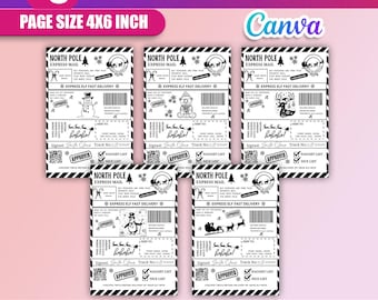 5x Christmas Shipping Label Canva Template | 5 Designs | Santa Mail Editable 6x4 in Thermal Printer Labels PNG