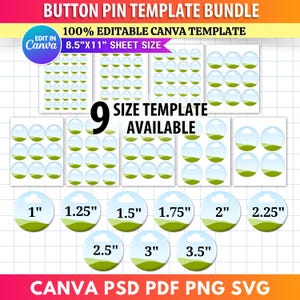 Op de afbeelding: Een button pin template bundel met negen formaten beschikbaar. De afbeelding toont verschillende button pin ontwerpen in verschillende maten, vari&euml;rend van 2,5 cm tot 8,9 cm. De tekst bevat "100% Bewerkbare Canva Template" en "8,5"x11" Bladformaat".