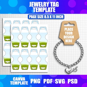 Könnte beinhalten: Eine Schmuckanhänger-Vorlage mit dem Text "JEWELRY TAG TEMPLATE" und "PAGE SIZE 8.5 X 11 INCH". Die Vorlage enthält ein braunes Etikett mit dem Text "PLACE YOUR DESIGN HERE" und ein silbernes Armband mit Herzanhänger. Der untere Teil des Bildes enthält den Text "CANVA TEMPLATE PNG PDF SVG PSD".