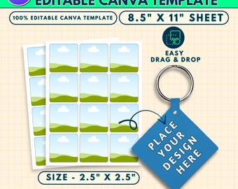 2.5" Square Keychain Template, Blank Keychain Template Svg, Personalized Keychain Sublimation Template, Custom Keychain, png Canva Editable
