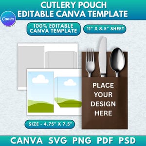 Puede incluir: Una plantilla de bolsa para cubiertos marrón con un tenedor, un cuchillo y una cuchara. El texto "PLACE YOUR DESIGN HERE" es visible. La plantilla mide 12,07 cm x 19,05 cm y es una plantilla de Canva editable. La imagen también incluye el texto "100% EDITABLE CANVA TEMPLATE" y "11" X 8.5" SHEET".