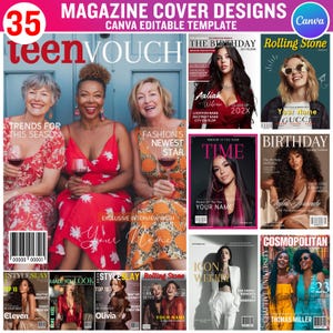 Puede incluir: Una colecci&oacute;n de dise&ntilde;os de portadas de revistas, incluyendo "teenVOUCH", "Rolling Stone" y "Cosmopolitan". Las portadas presentan modelos diversos y textos como "Tendencias de esta temporada" y "Nueva estrella de la moda". La plantilla es editable en Canva.
