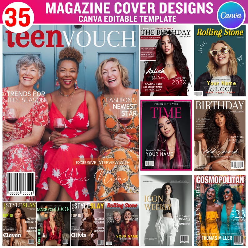 Puede incluir: Una colecci&oacute;n de dise&ntilde;os de portadas de revistas, incluyendo "teenVOUCH", "Rolling Stone" y "Cosmopolitan". Las portadas presentan modelos diversos y textos como "Tendencias de esta temporada" y "Nueva estrella de la moda". La plantilla es editable en Canva.