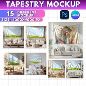 May include: A mockup image showcasing 15 different tapestry designs. The tapestries are displayed in various settings, including living rooms and bedrooms. The designs feature a blue sky, green hills, and a whimsical illustration. The image also includes the text "TAPESTRY MOCKUP" and "SIZE- 4000X4000 PX".