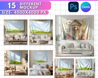 15x Mockup di arazzo / Mockup di bandiera da parete / Mockup di arazzo Boho per Canva e PSD, Display decorativo da parete con trascinamento della selezione, Mockup di striscione in tessuto