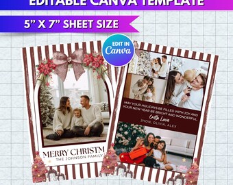 Boho Holiday Photo Card Template | Printable Arch Christmas Card | Year In Review Holiday Card Editable with Bow Stripe Design