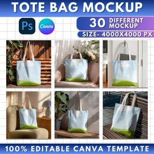 May include: A mockup featuring six tote bags with a landscape design of a blue sky, white cloud, and green hills. The bags have white handles and are displayed in various settings. Text on the image reads "TOTE BAG MOCKUP", "30 DIFFERENT MOCKUP", and "100% EDITABLE CANVA TEMPLATE".
