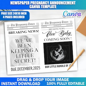 以下が含まれることがあります： 「Breaking News!」と「New Baby Coming Soon!」のテキストが入った、新聞スタイルの妊娠発表テンプレート。赤ちゃんの超音波画像と「Due, December, 2025」のテキスト用のスペースが含まれています。テンプレートは61x46 cmで、完全に編集可能です。