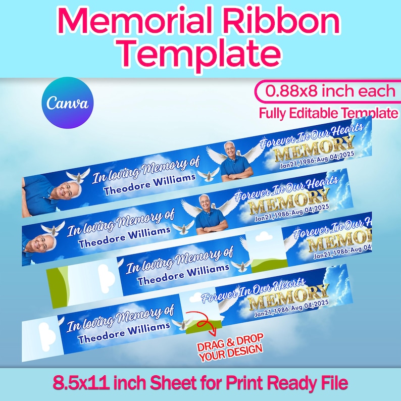10x Memorial Ribbon Templates Bundle | Funeral Memorial Canva Designs ...