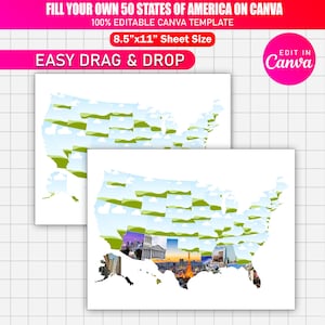 May include: Two white 8.5" x 11" sheets with a map of the United States. The map is divided into states, with some states filled with images. The top of the image has text that reads "FILL YOUR OWN 50 STATES OF AMERICA ON CANVA".