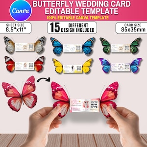 May include: A butterfly-themed wedding card template with 15 different designs. The sheet size is 8.5"x11", and the card size is 85x35mm. The template is editable in Canva.