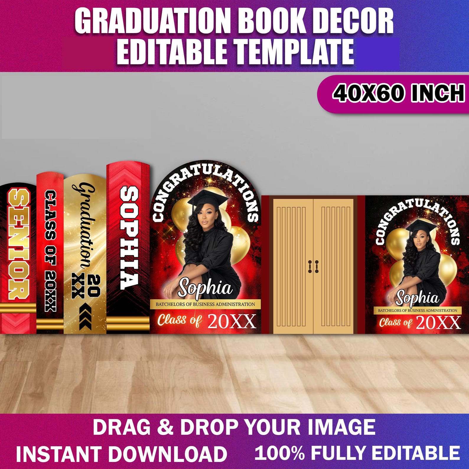 Graduation Book Decor Canva Editable Template, Red & Black Graduation ...